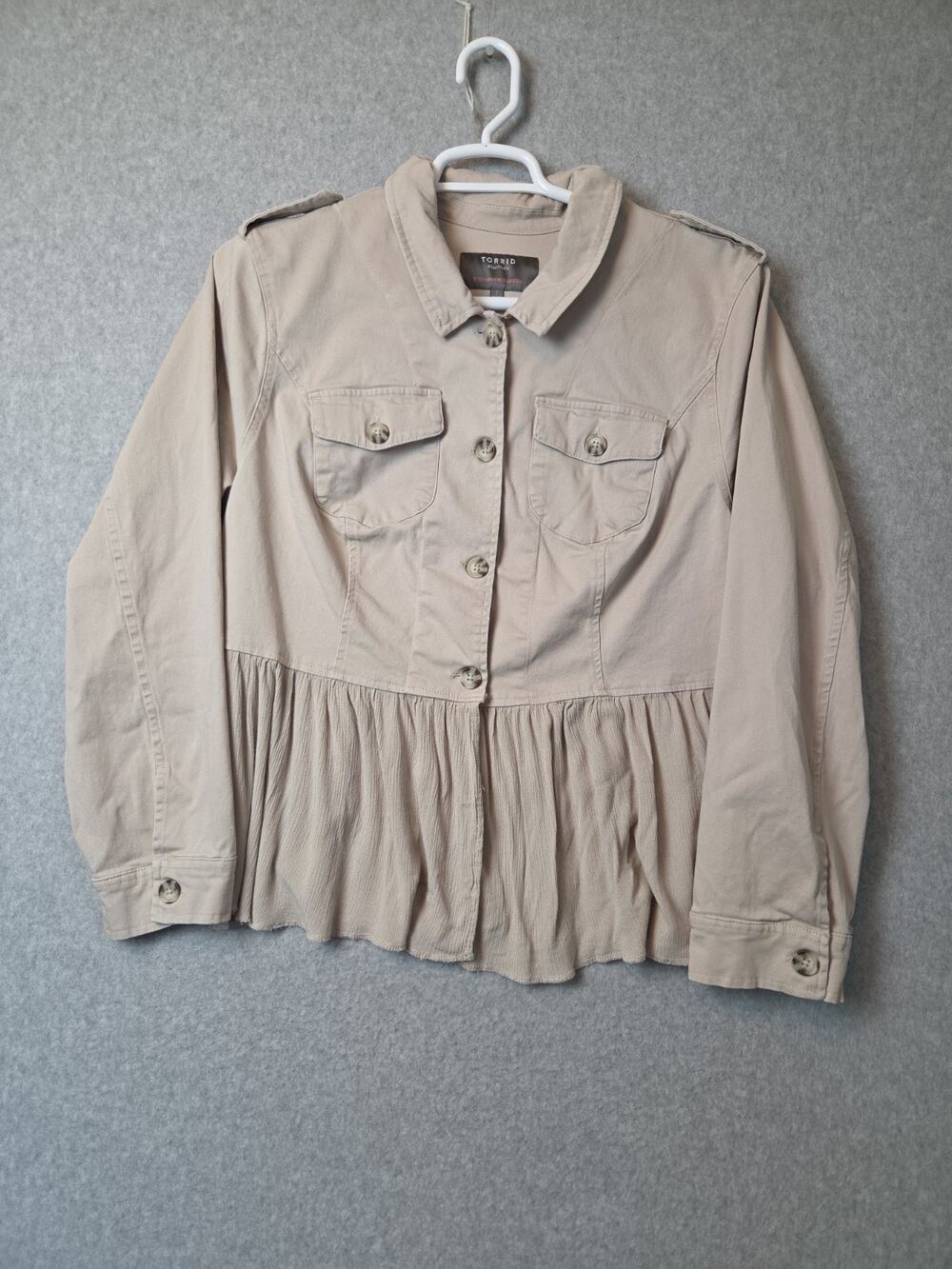 Torrid Beige LS Cotton Rayon Button Up Peplum Twill Jacket Women's Plus Size 2X
